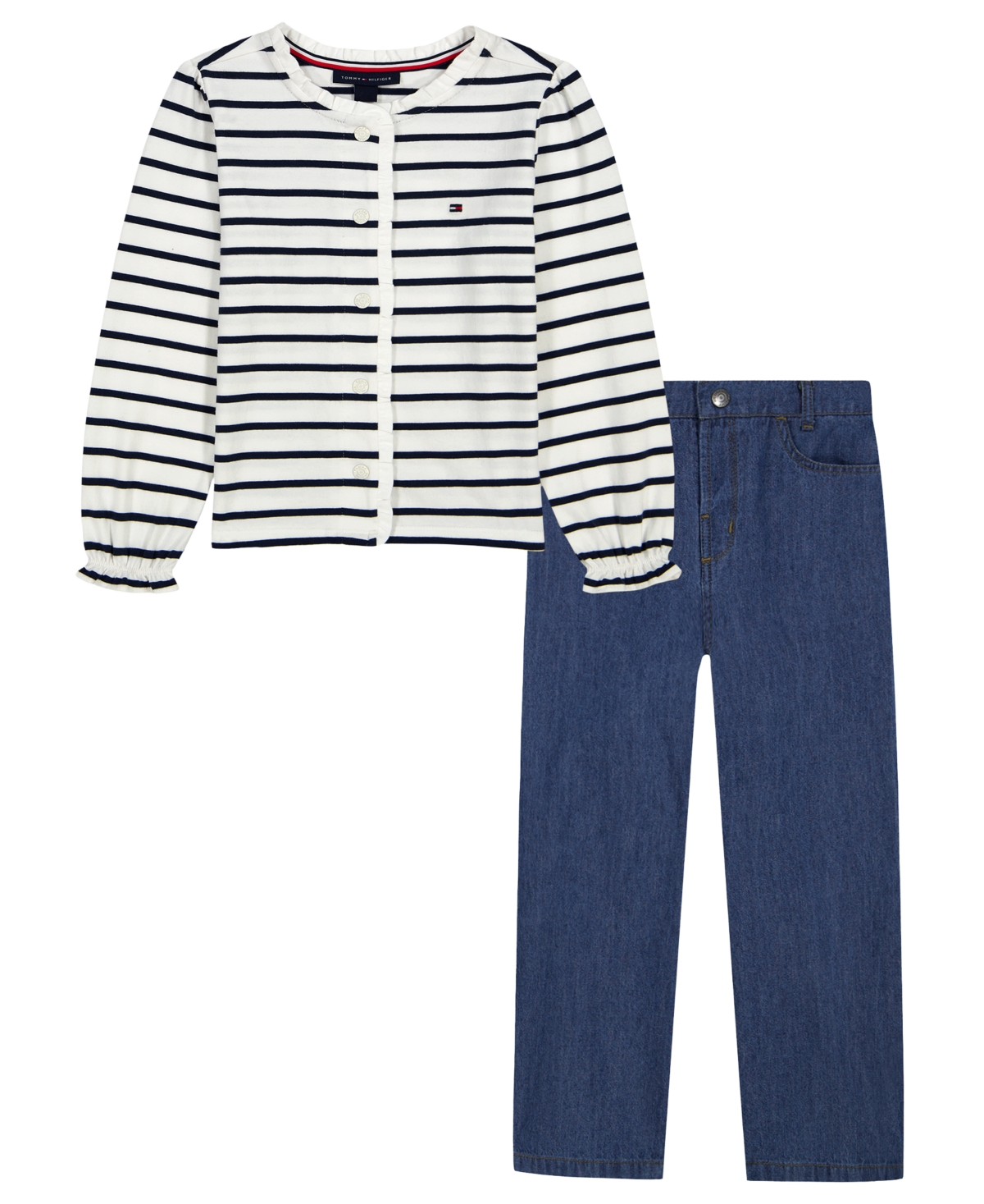 Tommy Hilfiger Baby Girls' Striped Ruffle-Collar Wide-Leg Cardigan and Pants, 2-Piece Set