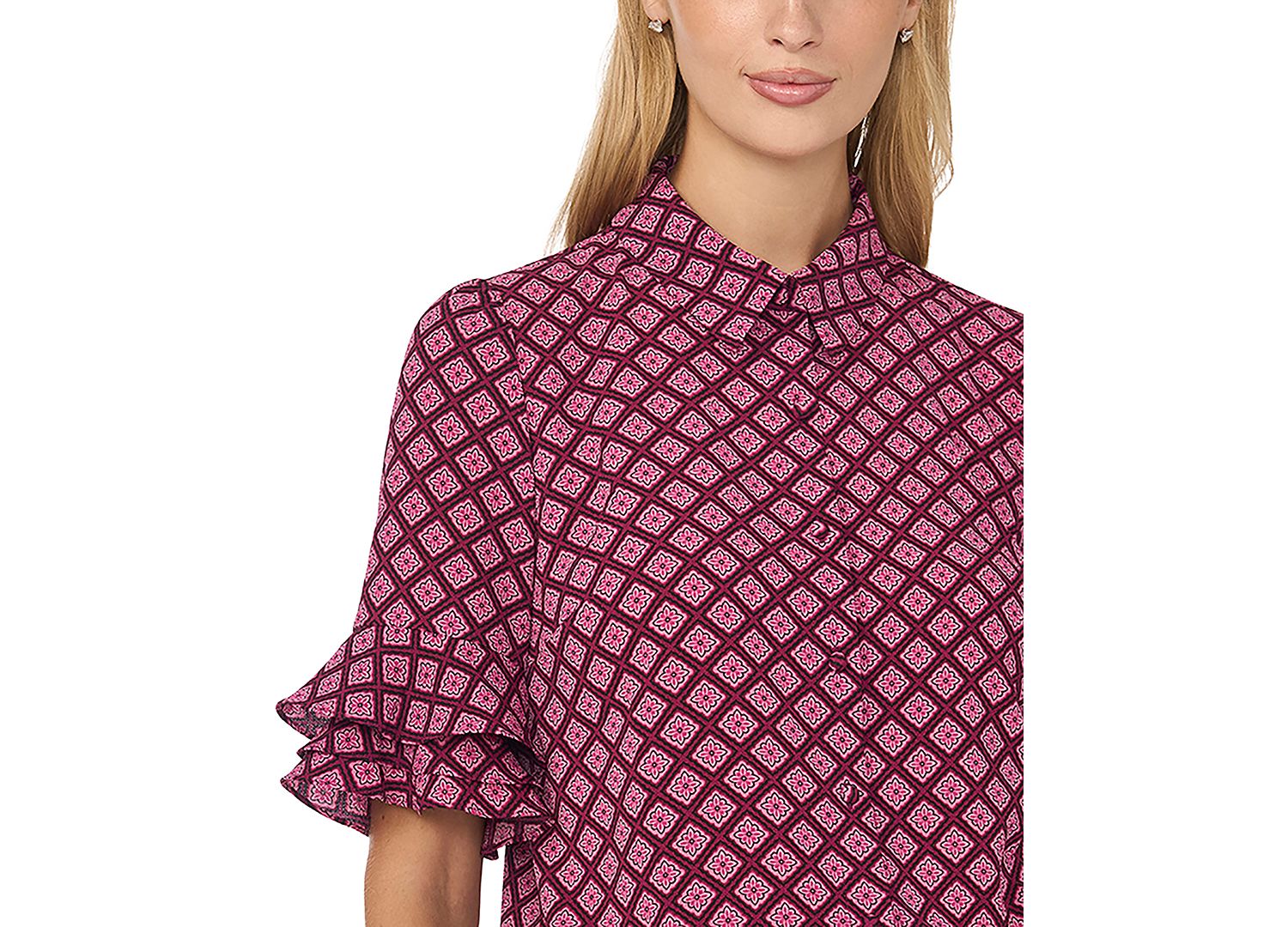 Women's Collared Button Up with Ruffle Sleeve Opening Geometric-Print Blouse