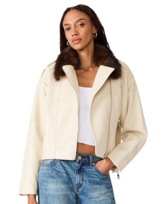 Women's Silas Motorcycle Cropped Faux-Fur-Trimmed Collar Faux Leather Jacket