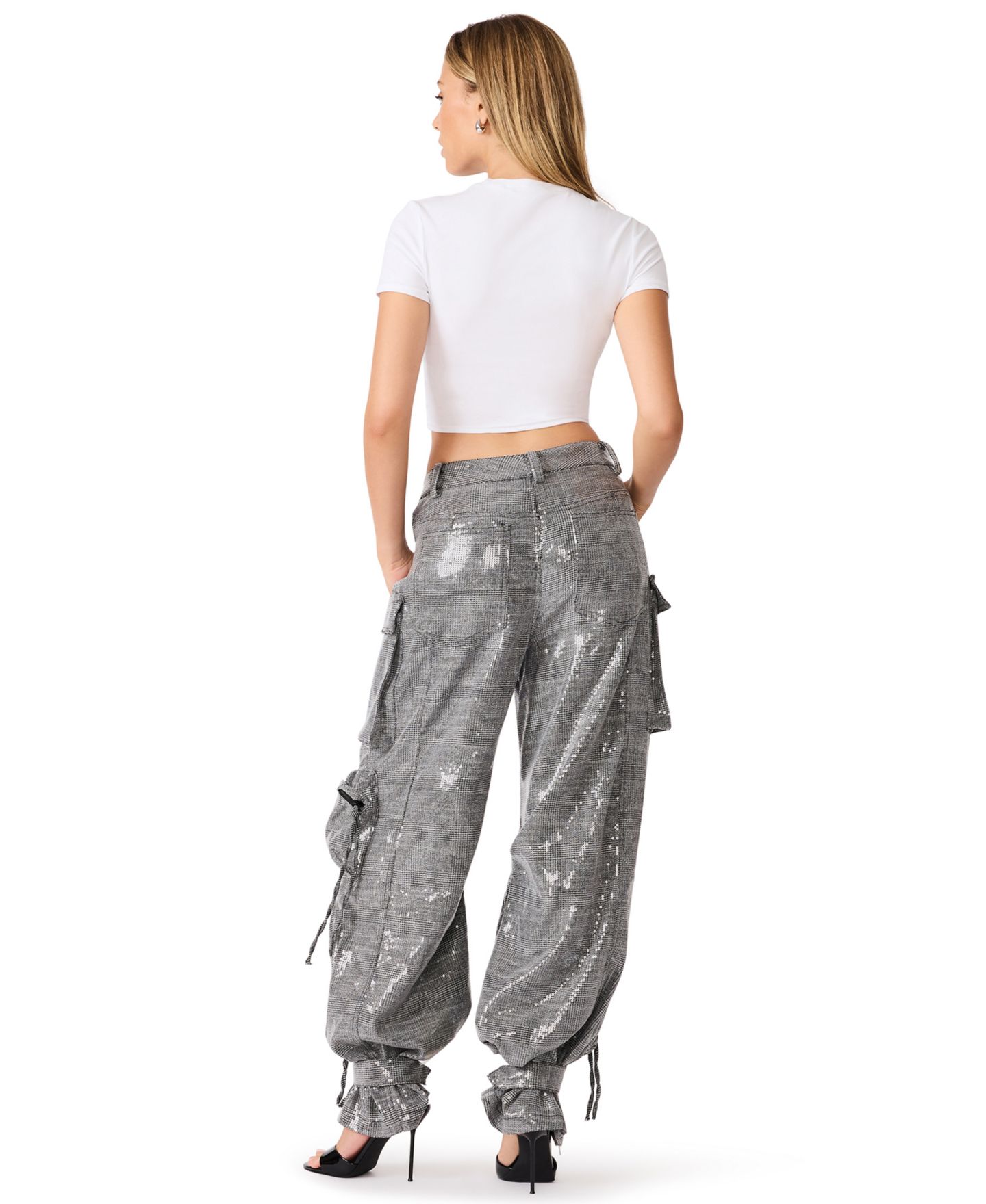 Женские брюки Steve Madden Duo Sequin Wide-Leg Cargo, цвет: Клетчатый — фото 5