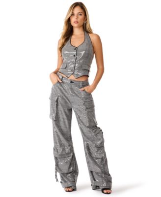 Sequin Halter Crop Vest & Sequin Wide-Leg Cargo Pants