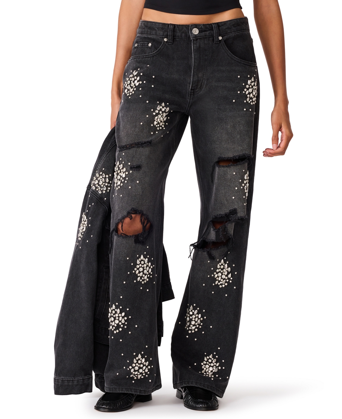 Steve Madden Women's Flat Iron High-Rise Wide-Leg Distressed Jeans
