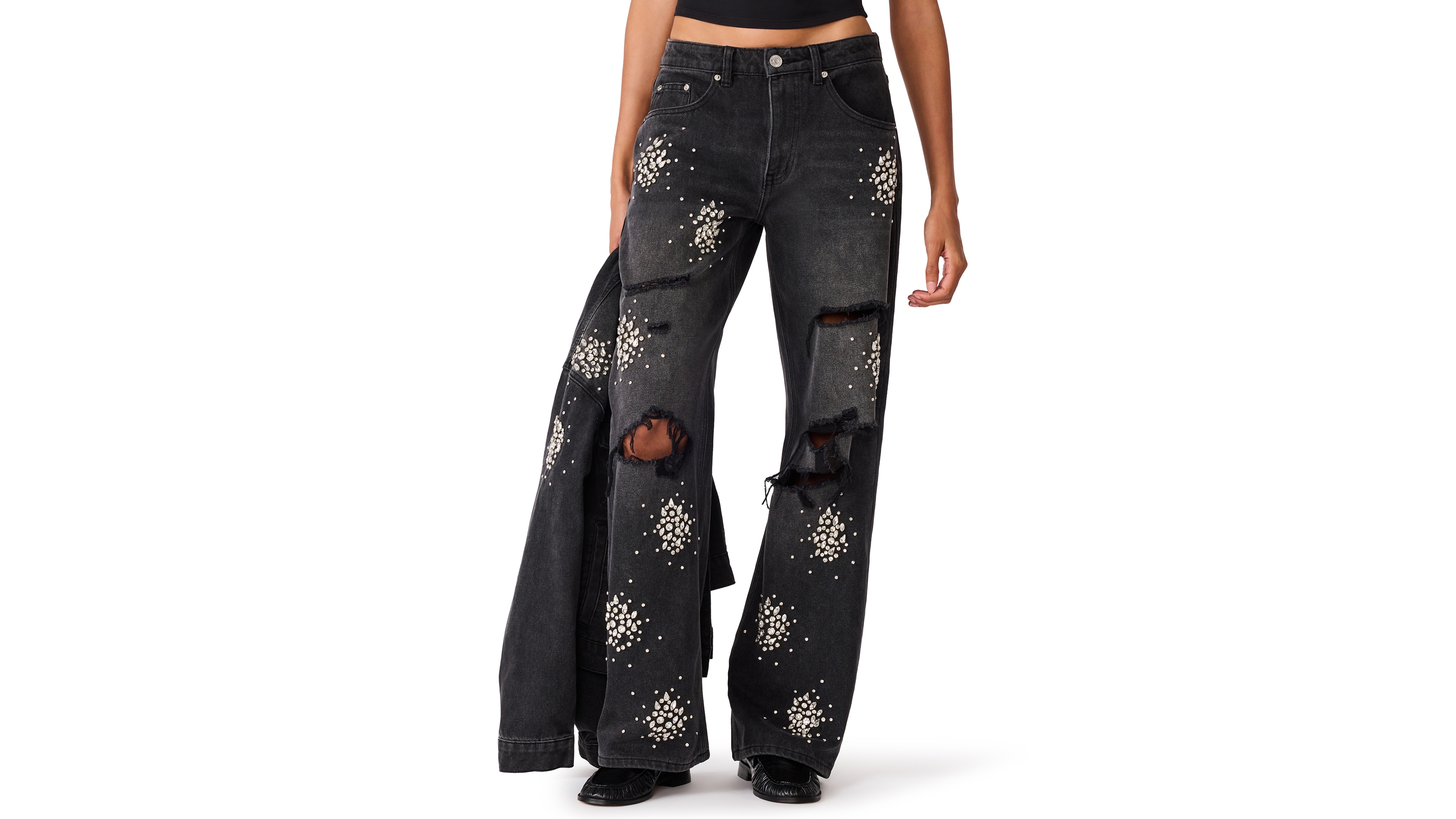 Steve Madden Women's Flat Iron High-Rise Wide-Leg Distressed Jeans