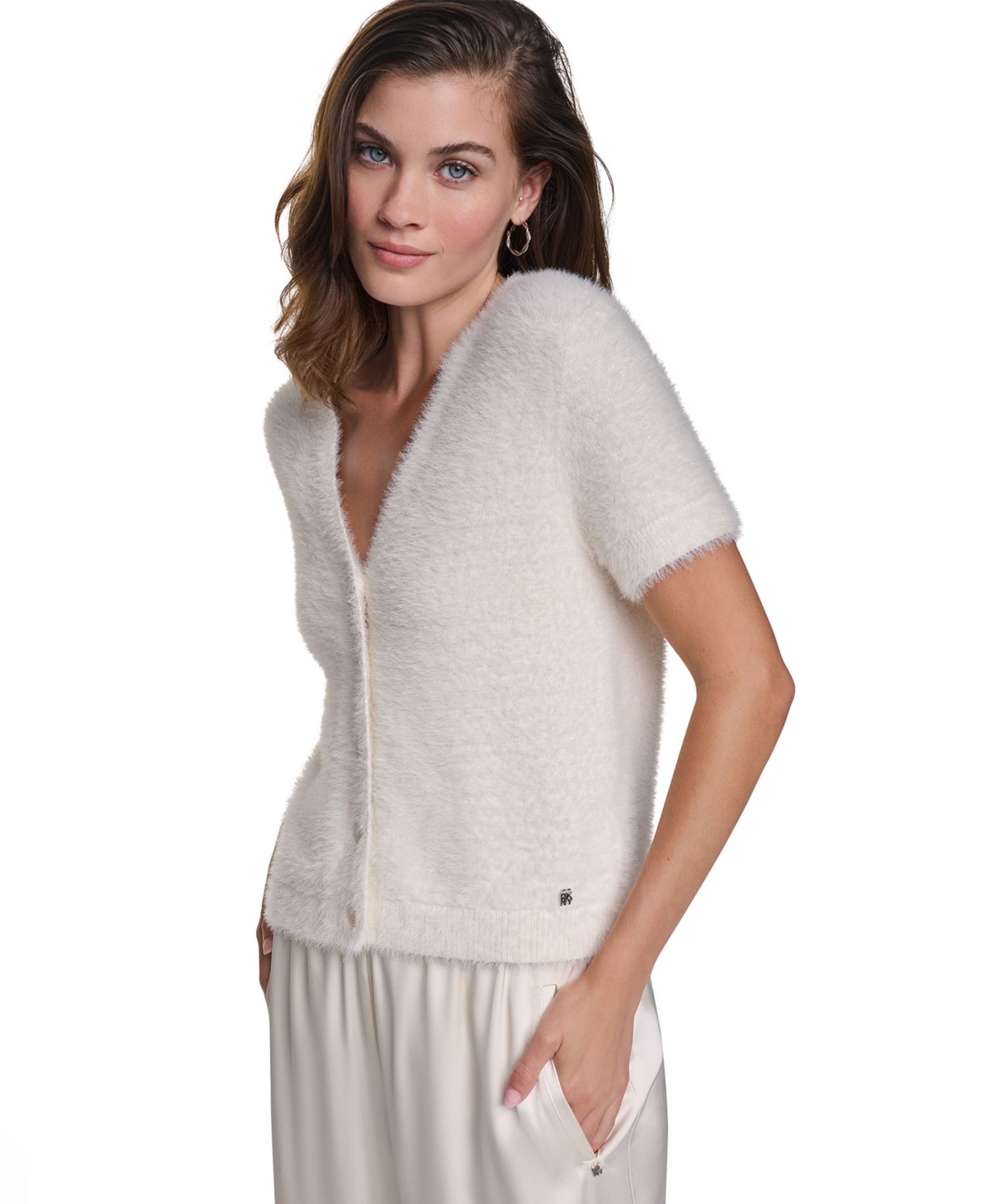 Women's Short-Sleeve Brushed-Knit V-Neck Cardigan