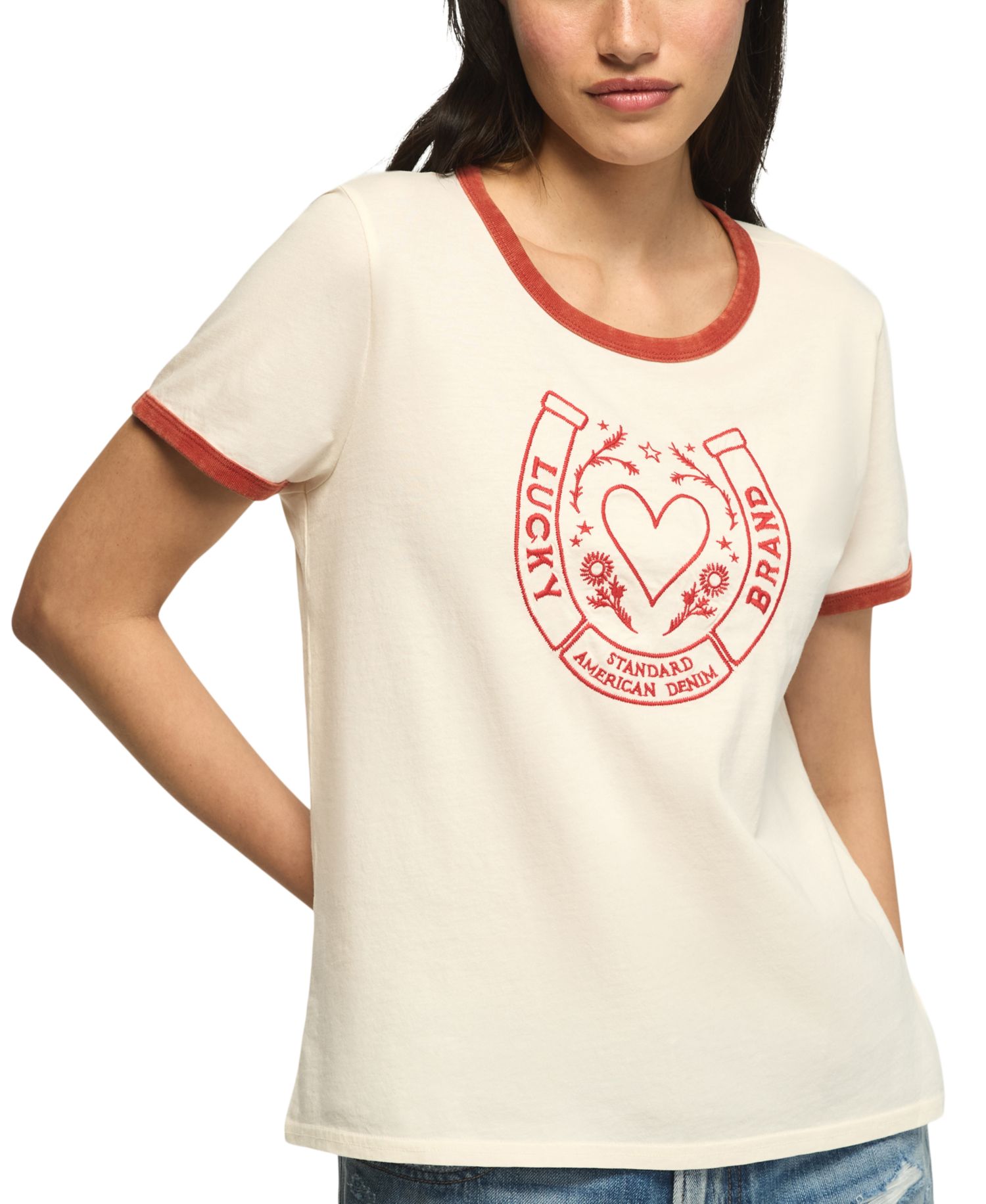 Women's Lucky Horseshoe Retro Graphic Ringer T-Shirt