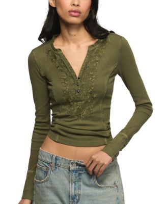 Women's Embroidered V-Neck Long-Sleeve Henley