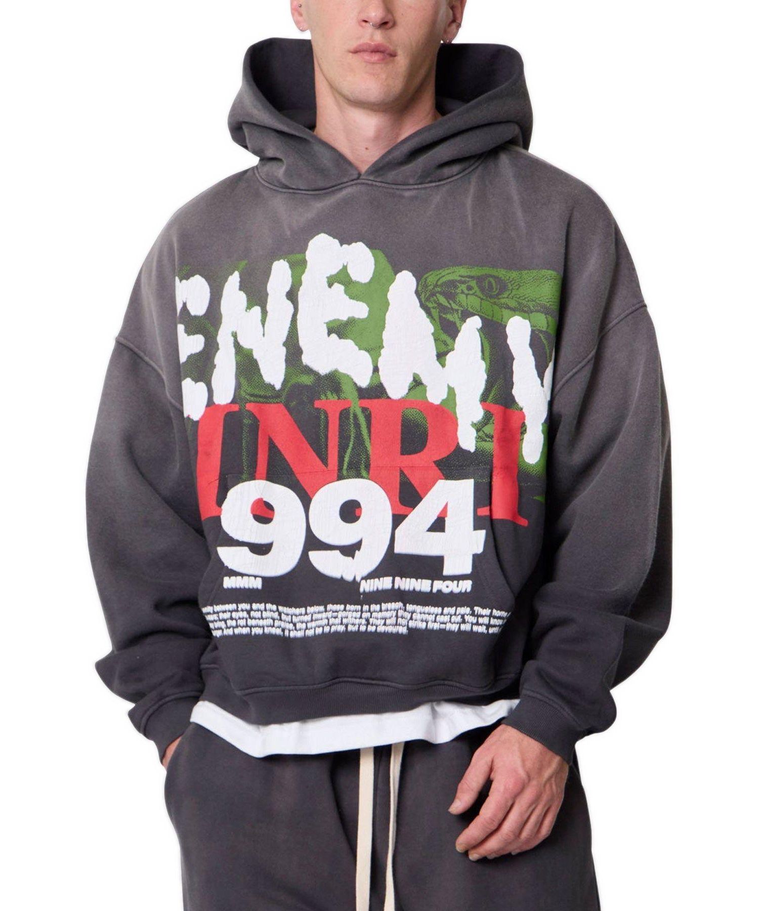 Men's Enemy Graphic Oversized Cropped Hoodie