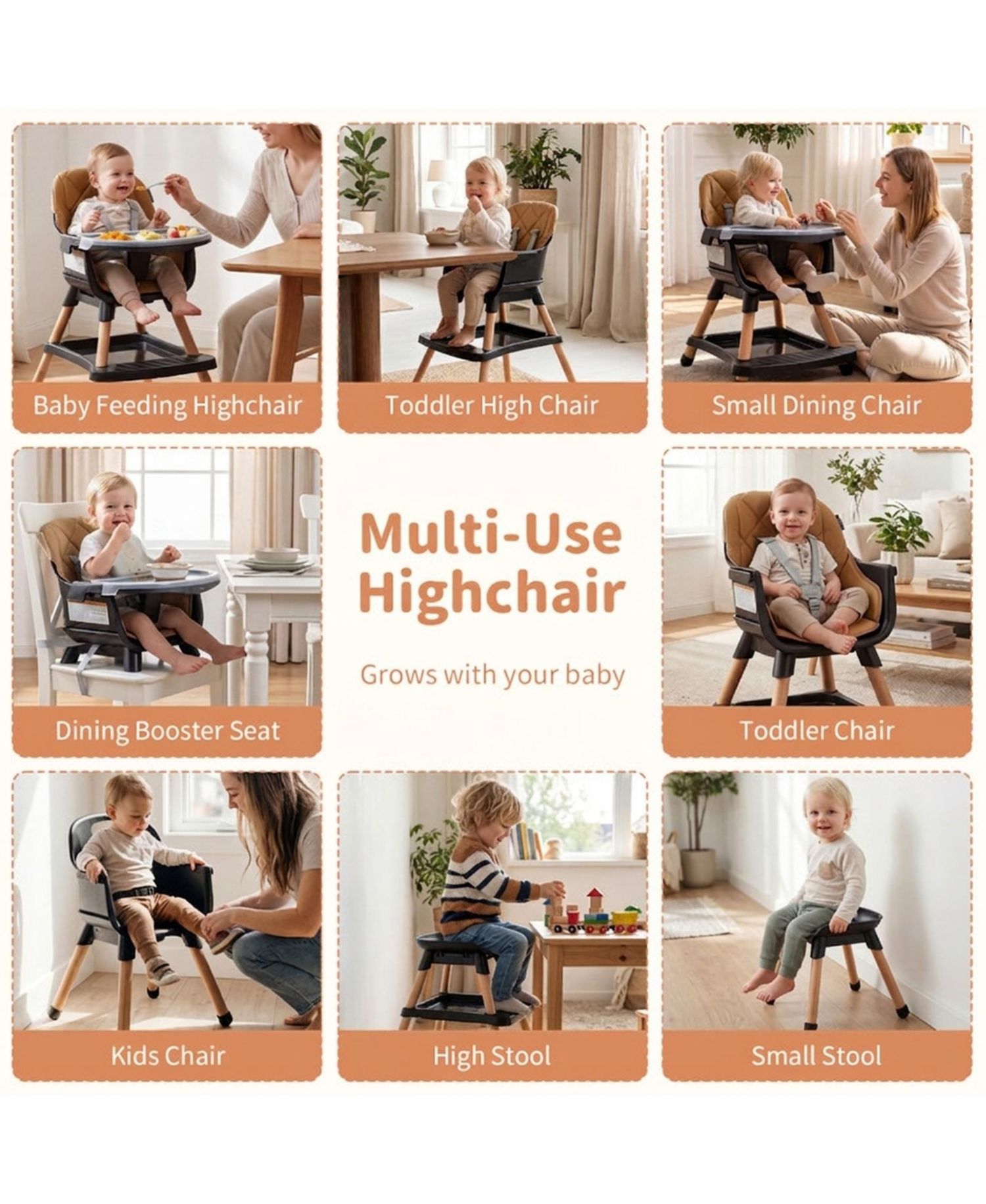 9-in-1 Convertible Baby High Chair with Storage Box and Wood Legs
