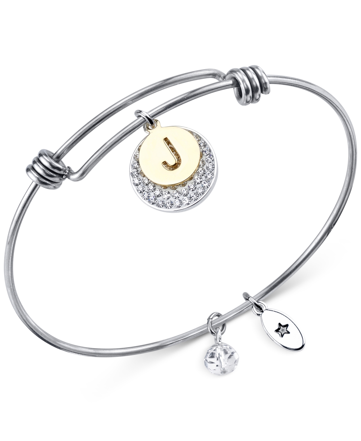 Pave and Initial Disc Bangle Bracelet in Stainless Steel and Silver Plated - J