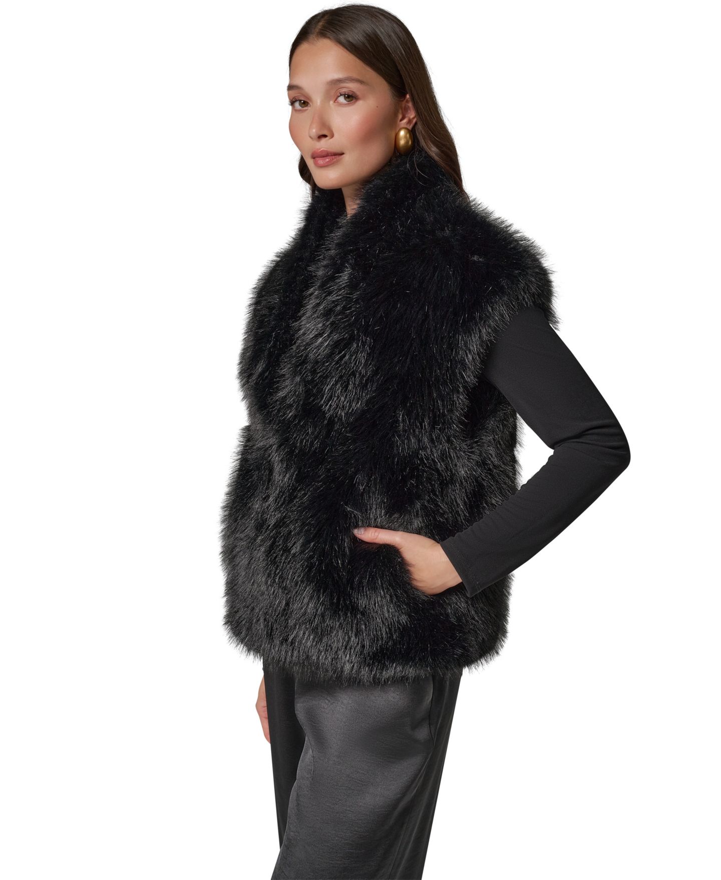 Женская куртка Donna Karan New York Petite Faux Fur Sleeveless Lined Vest, цвет: Чёрный — фото 6