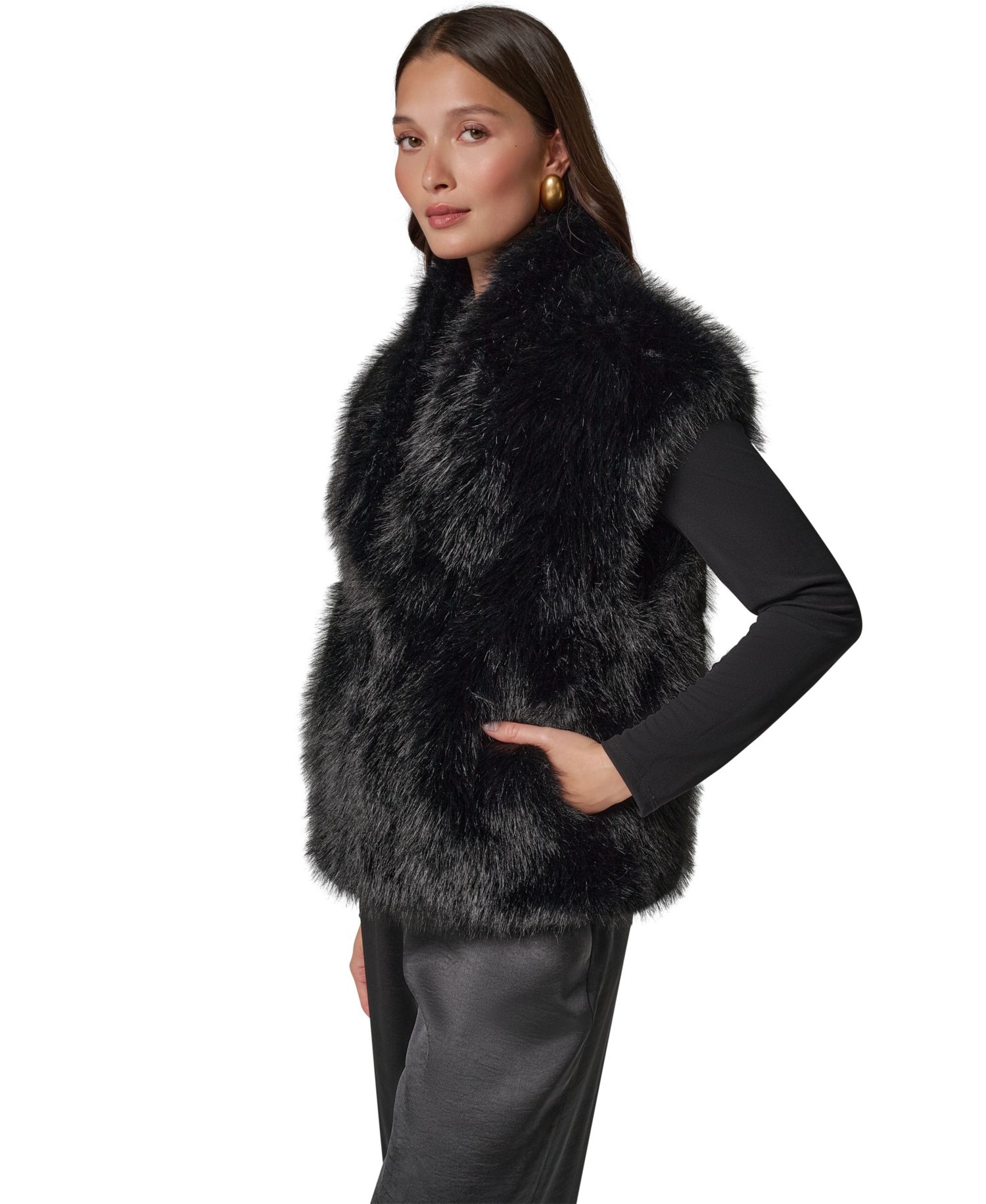 Petite Faux Fur Sleeveless Collared Vest