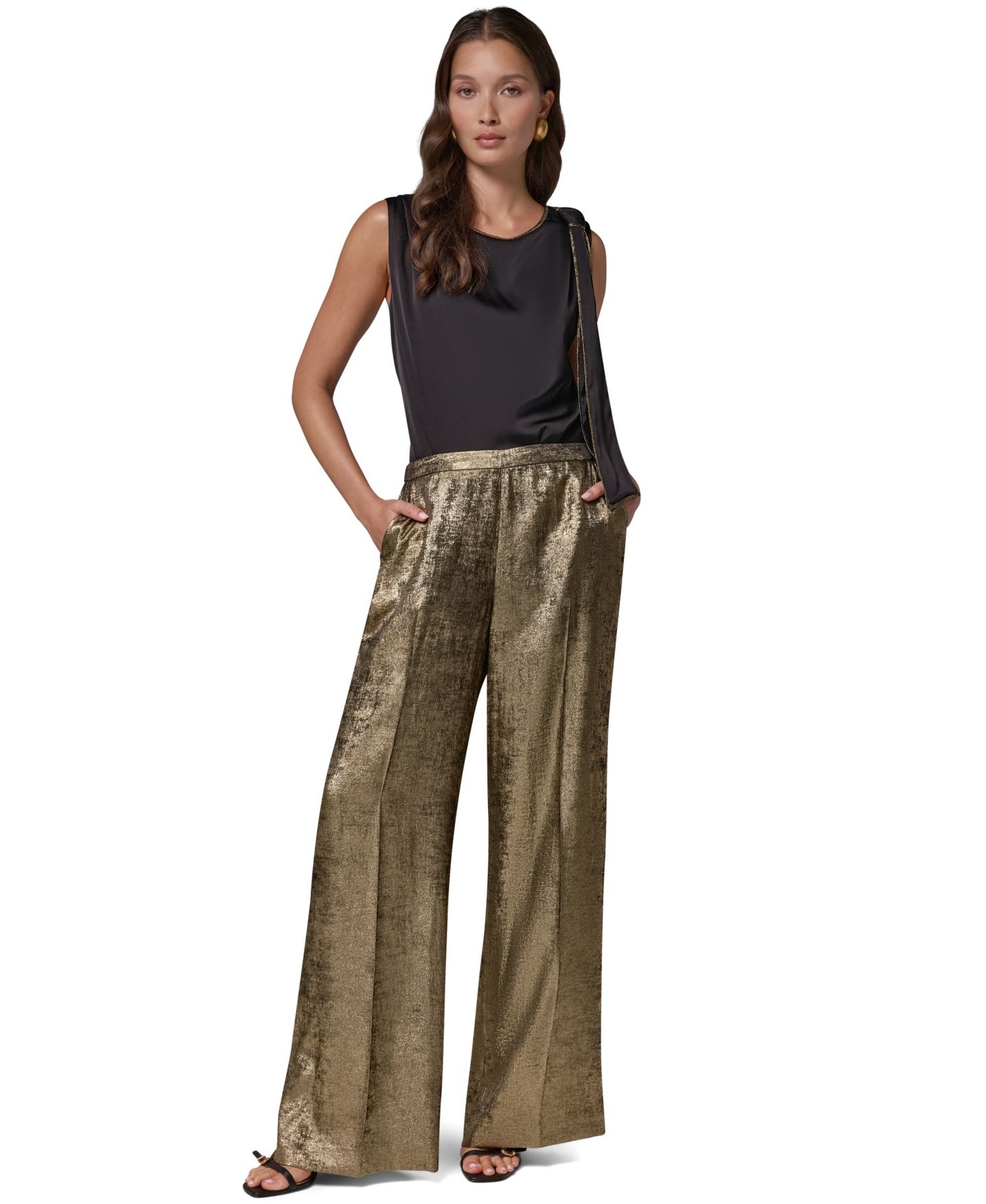 Женские широкие металлизированные брюки Donna Karan New York Petite без застёжки, цвет: Золотой — фото 2
