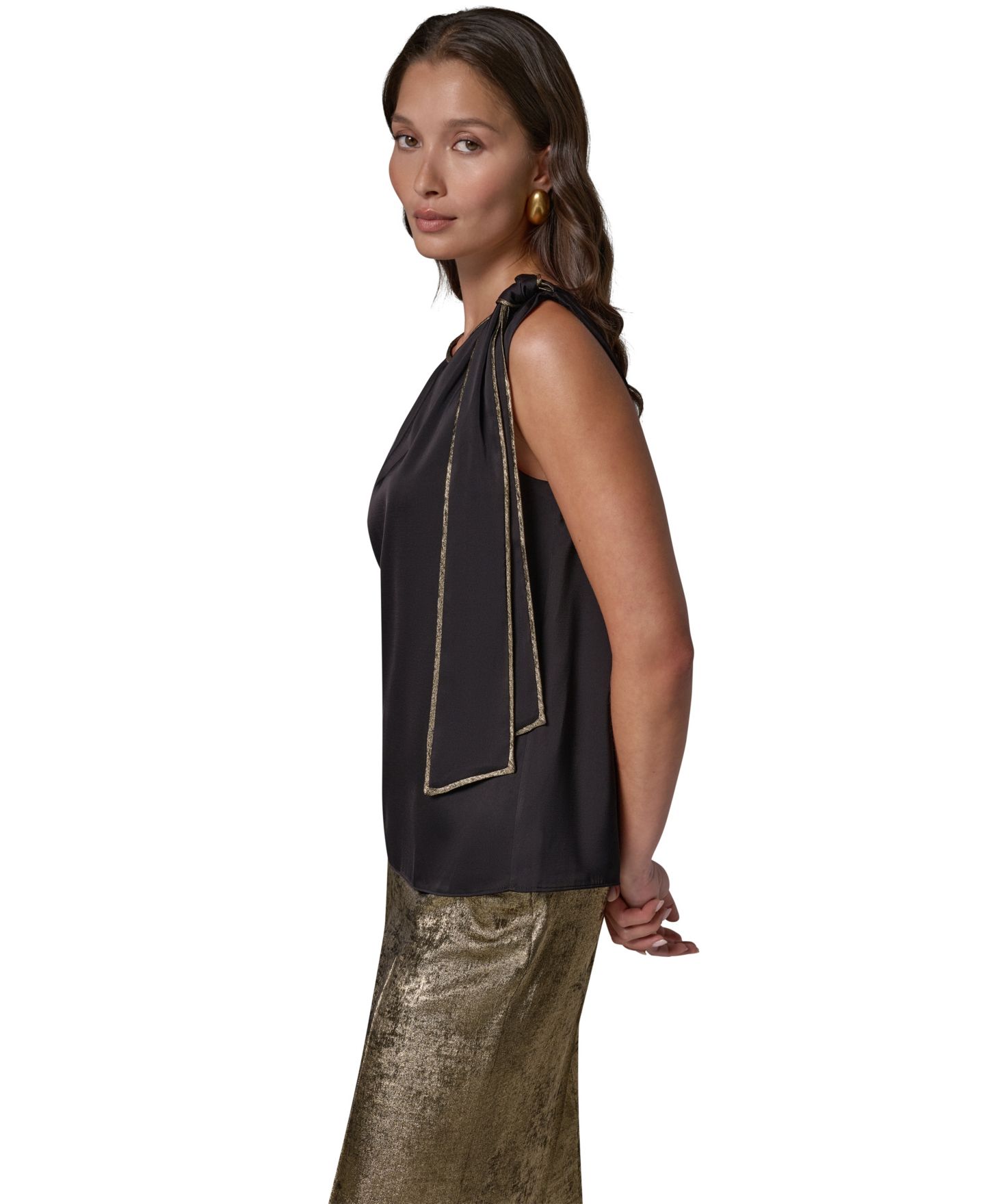 Женская атласная блузка Donna Karan New York с вырезом-лодочкой, для невысоких, цвет: Чёрный / Золотой — фото 4