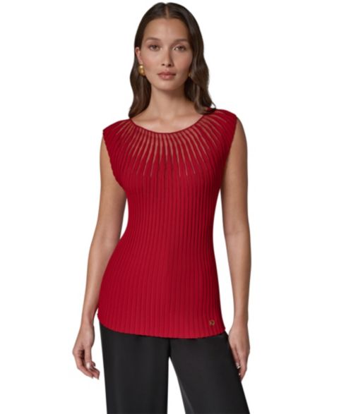 Женский рифлёный свитер Donna Karan New York для невысоких без рукавов с круглым вырезом, цвет: Красный бархатный