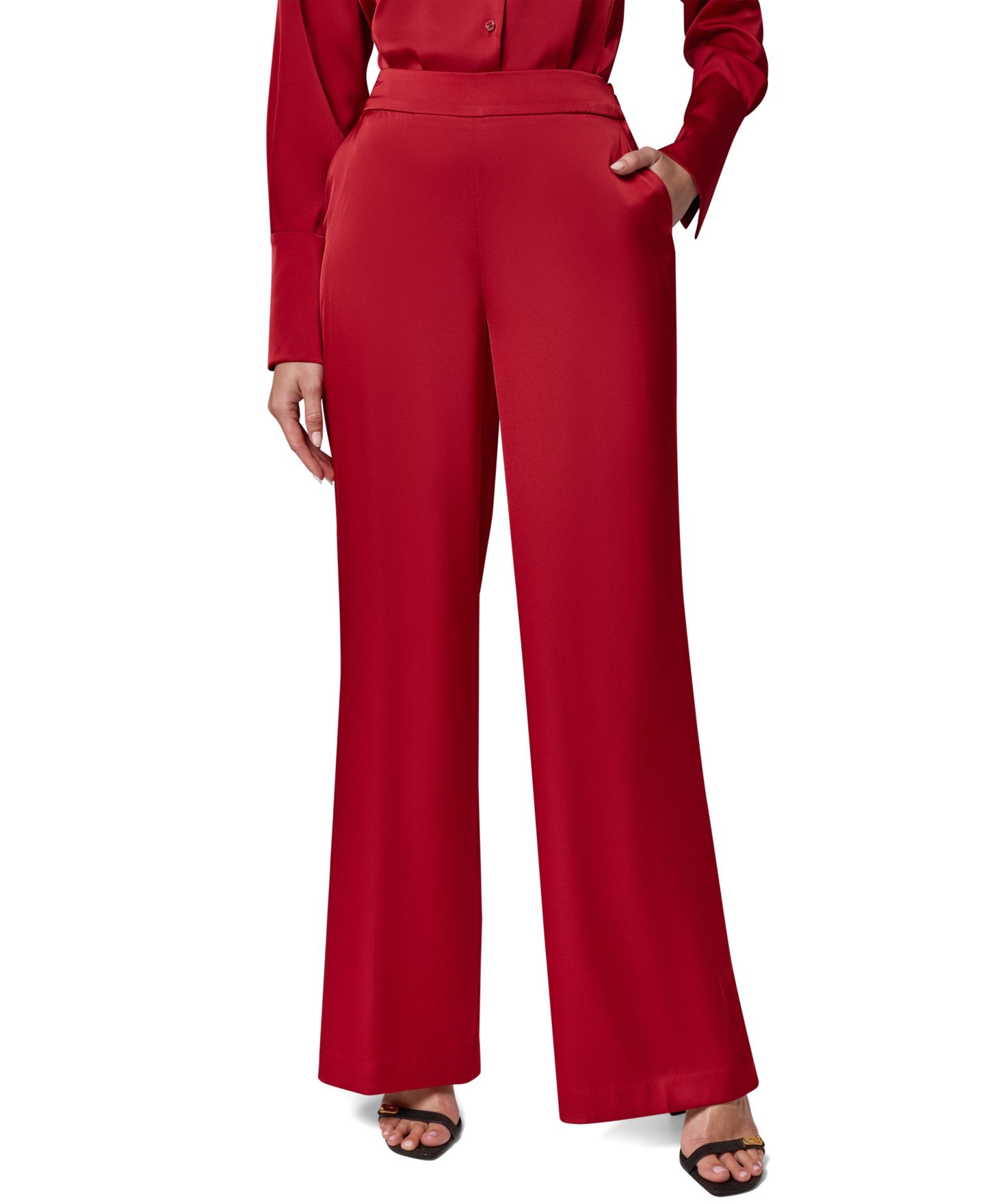 Женские широкие атласные брюки Donna Karan New York с боковой молнией, цвет: Красный бархатный — фото 10