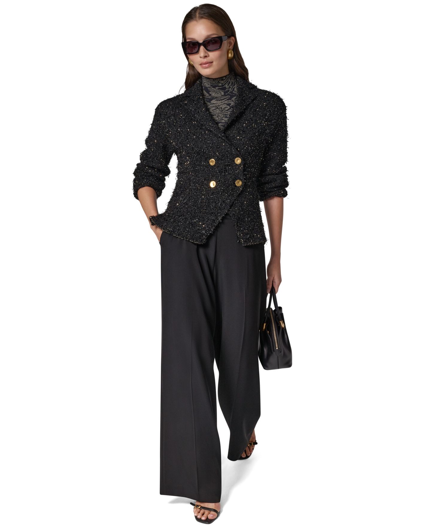 Женский двубортный блейзер Donna Karan New York для невысоких с подплечниками, цвет: Чёрный разноцветный — фото 4