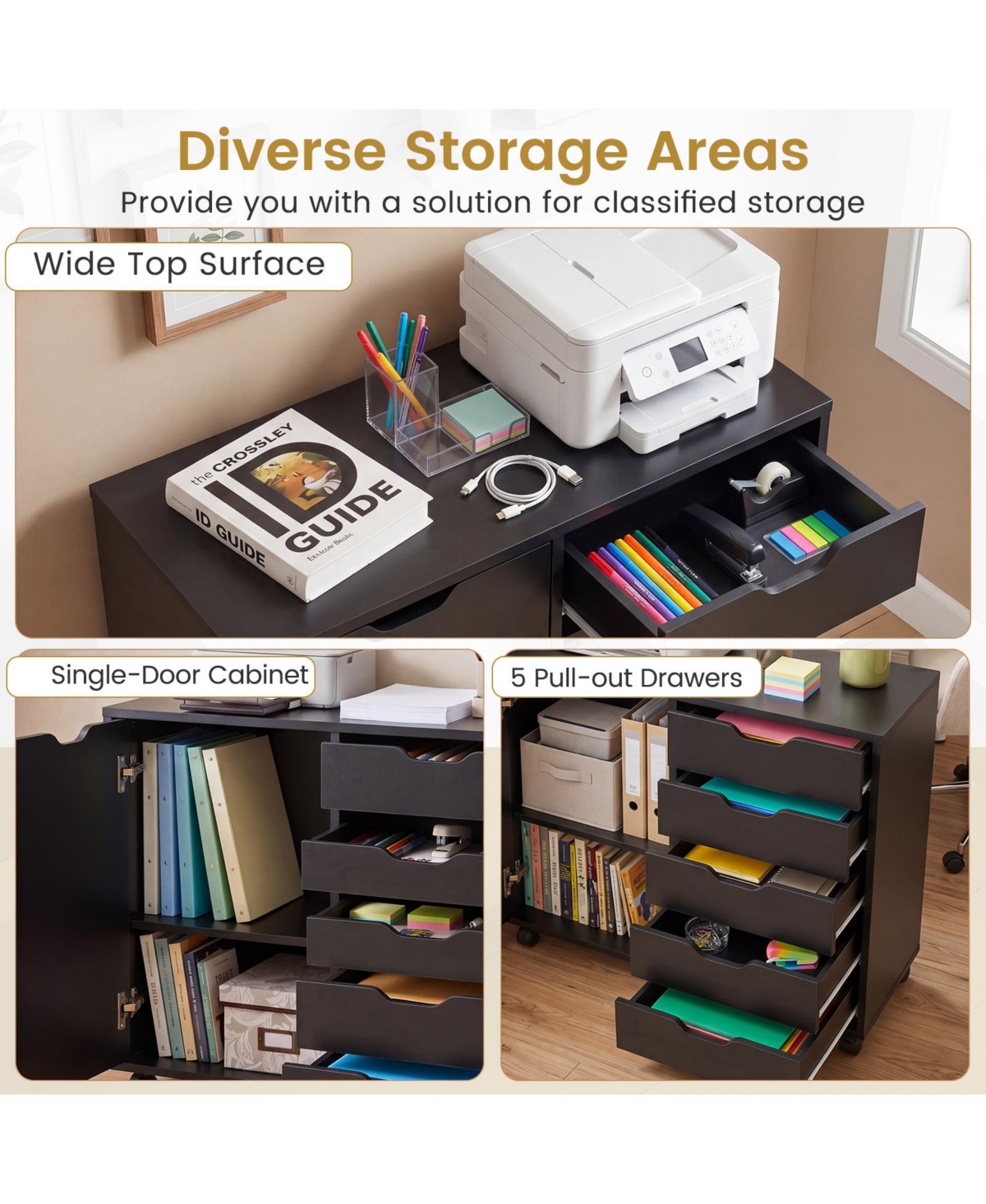 Costway 5 Drawer Storage Cabinet on Wheels with Door and Adjustable Shelf for Home Office