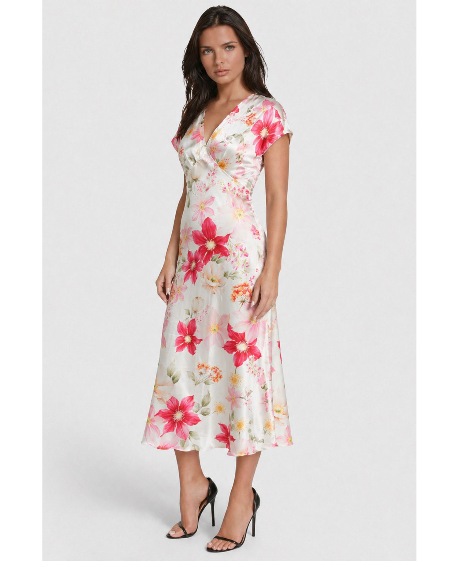 Women's Floral-Print V-Neck Short-Sleeve Maxi Dress
