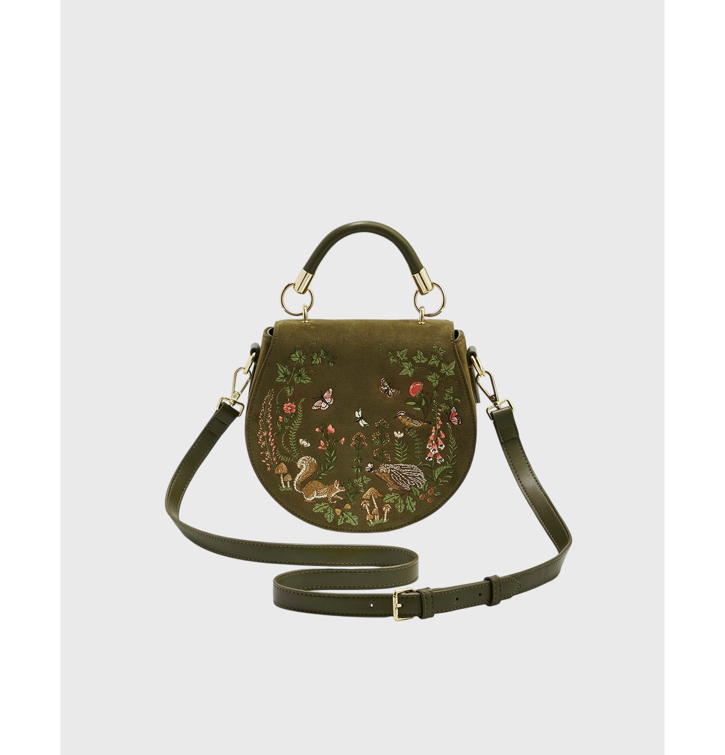 Женская сумка Fable England Charlotte Meadow Scene Embroidered Faux Suede Saddle, цвет: Хаки — фото 5
