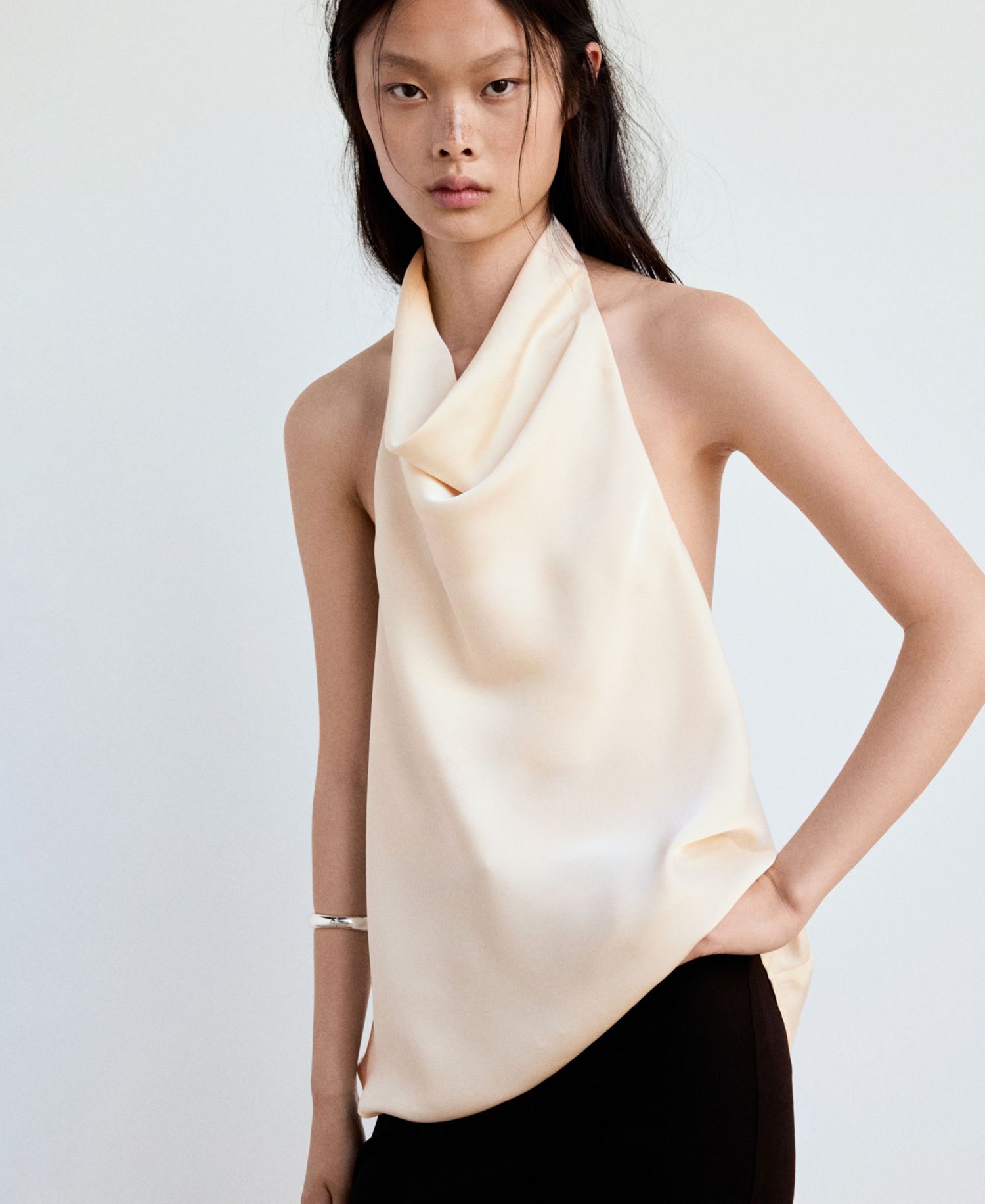 Women's Satin Draped Halter Neck Sleeveless Tank Top