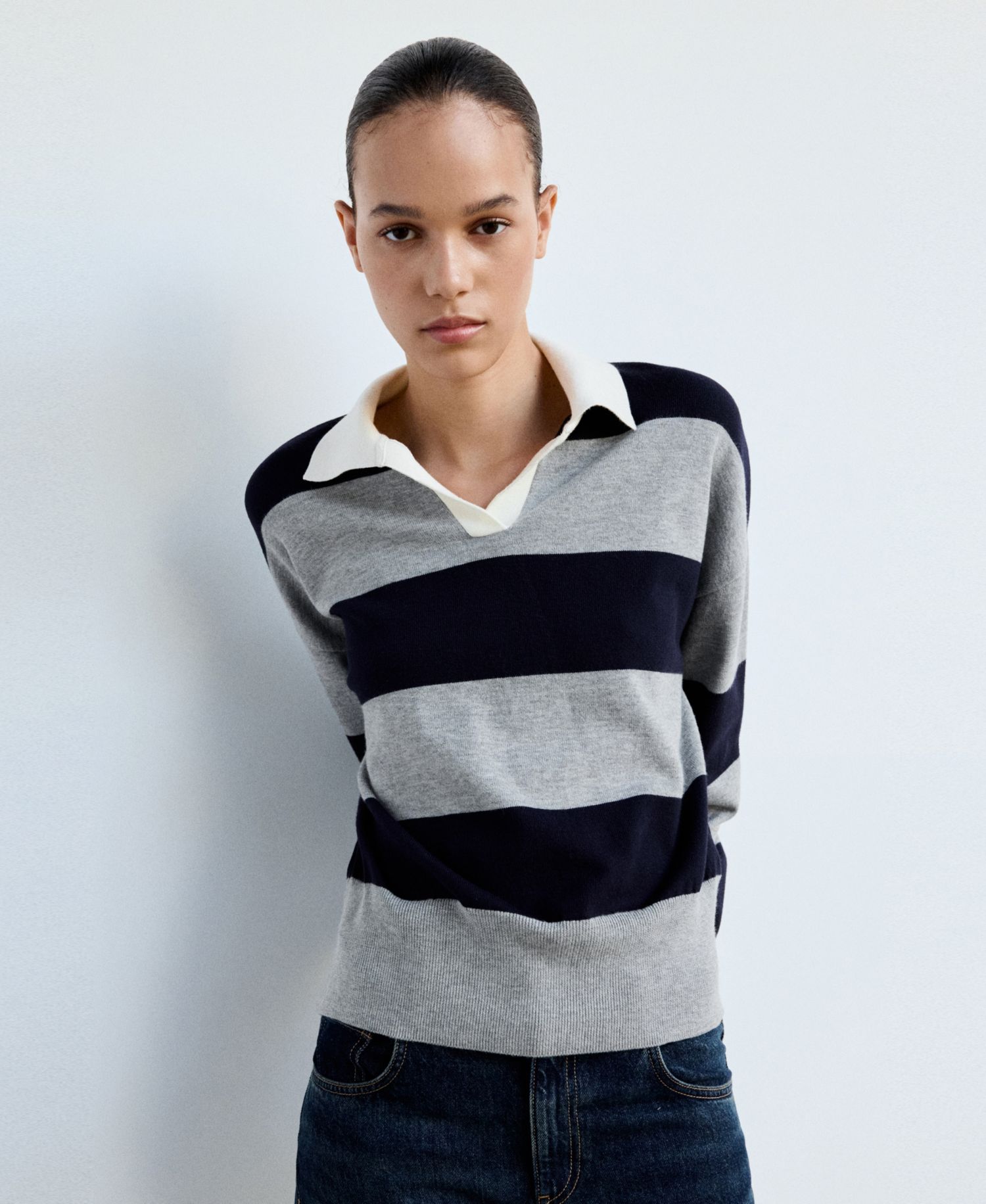 Women's Striped Polo-Neck Long-Sleeve Sweater