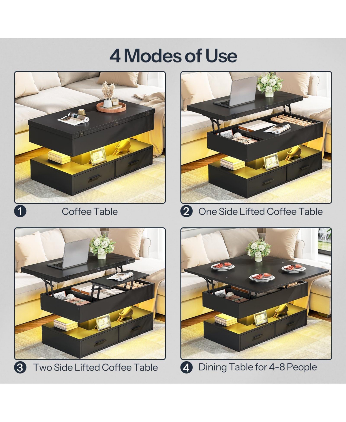 Slickblue Modern Lift Top Coffee Table with Led Light, Open Shelves and Hidden Storage