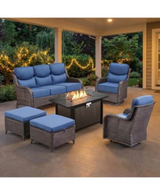 6-Piece Patio Set with High-Back Swivel Chairs, 6 Cushions, Fire Pit Table, and Ottomans