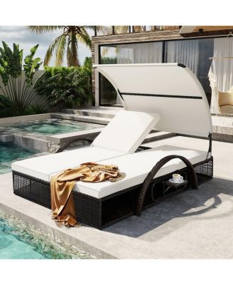 Outdoor Double Chaise Lounger with Canopy and Adjustable Backrest for Patio Pool Deck