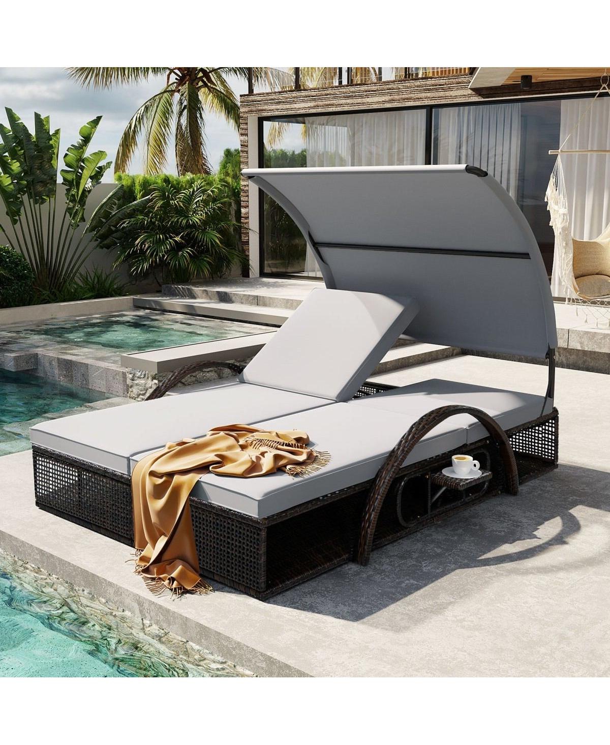 Asagikoiai Outdoor Double Chaise Lounger with Canopy and Adjustable Backrest for Patio Pool Deck - Grey