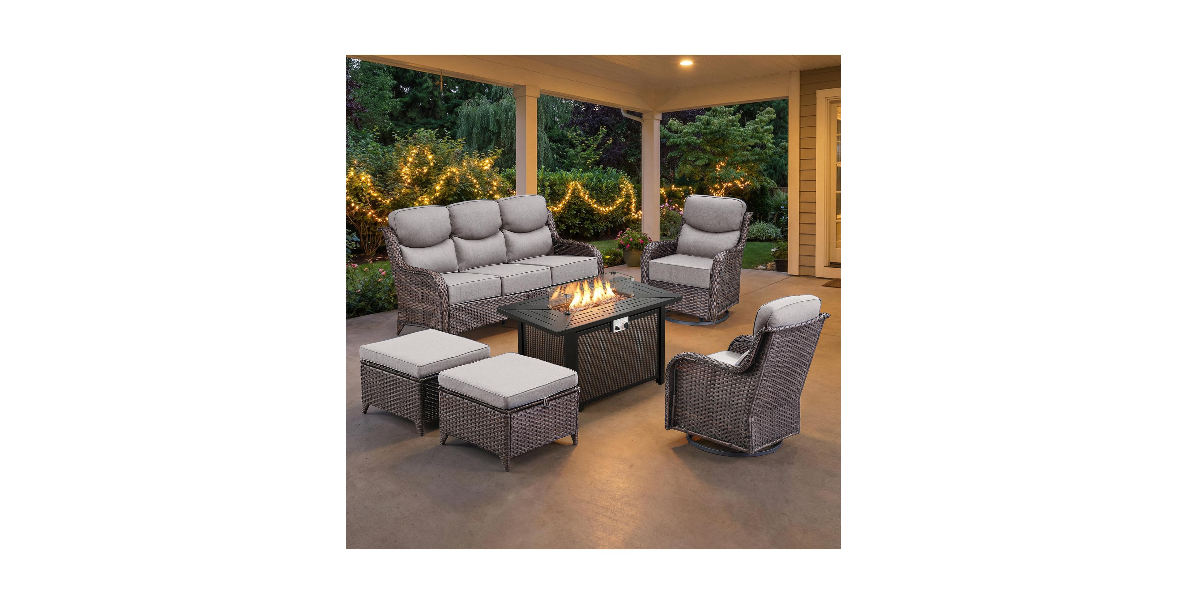 Pocassy 6-Piece Patio Set with High-Back Swivel Chairs, 6 Cushions, Fire Pit Table, and Ottomans