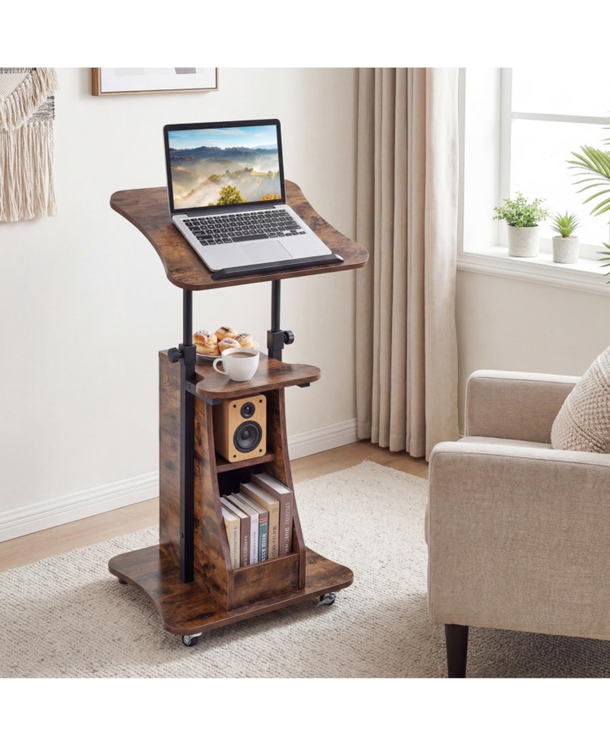 Gouun Mobile Podium Stand with Tilting Tabletop and Storage Compartments