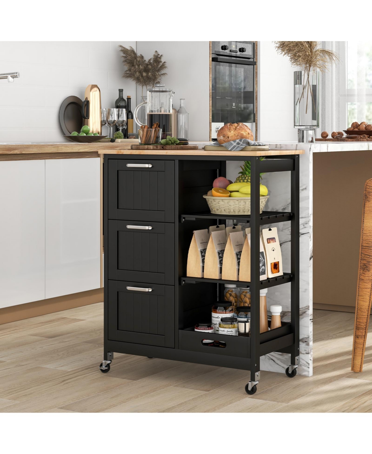 Volenca Rolling Kitchen Island Cart with 3 Drawers, Open Shelves and Casters