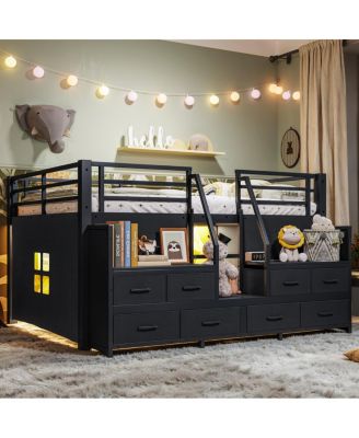 Full Low Loft Bed with Storage, Stairs, LED Lights, and Fabric Drawers