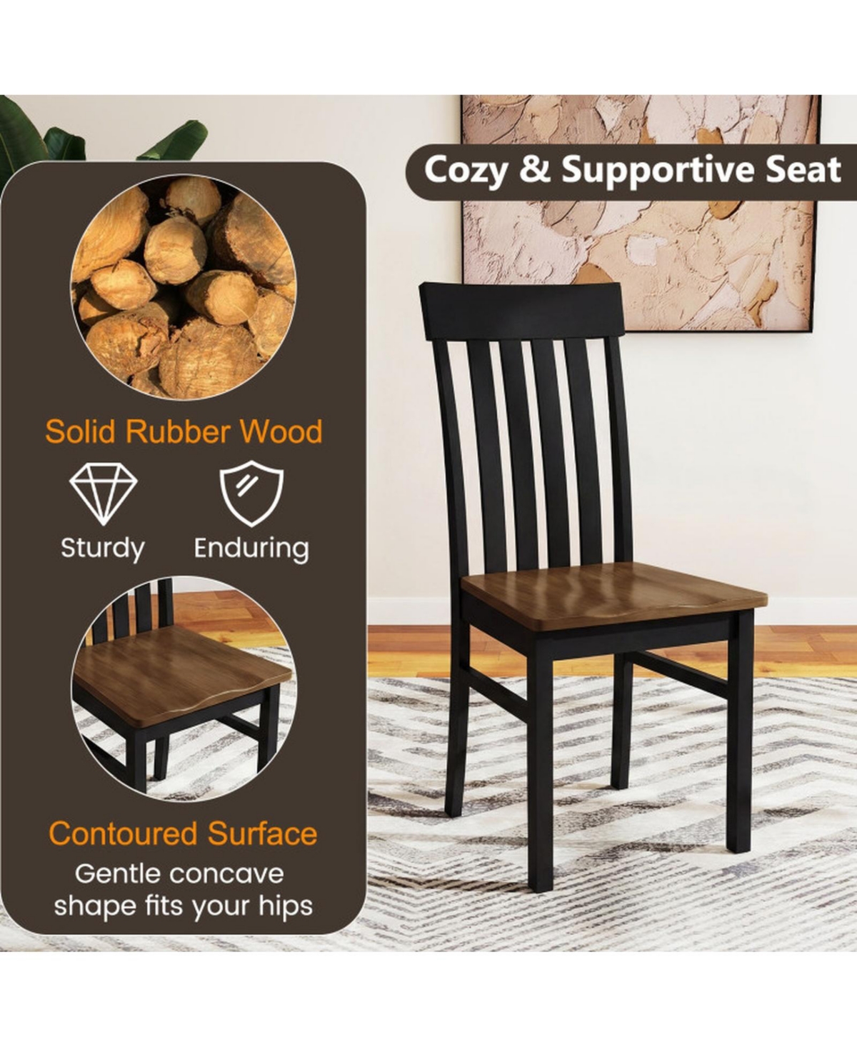 Gouun Set of 2 Armless Dining Chairs with Slatted High Backrests and Bentwood Frame