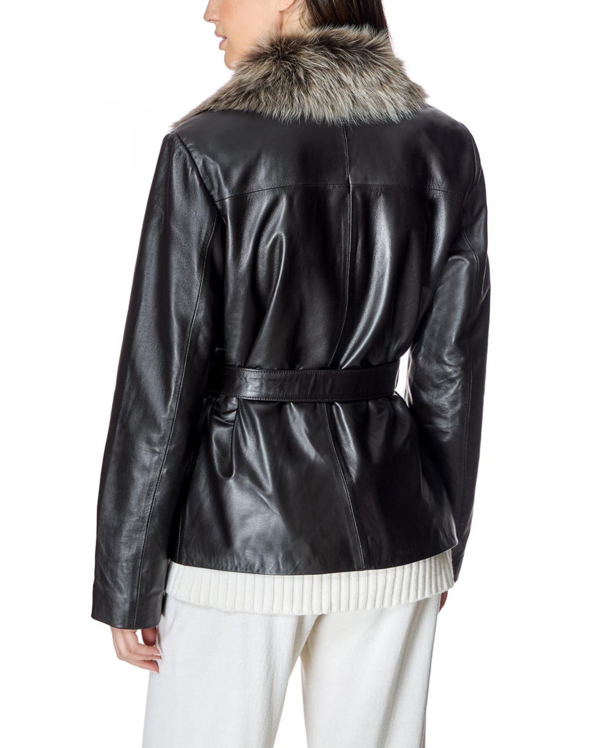 Julia & Stella By Maximilian Women's Belted Leather Jacket with Toscana Lamb Collar