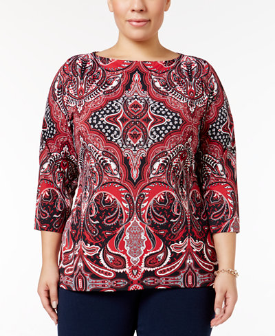 Charter Club Plus Size Printed Boat-Neck Top, Only at Macy's