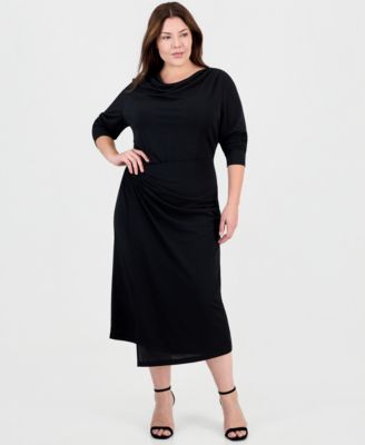 Plus Size Cowl Neck Long-Sleeve Faux-Wrap Midi Dress