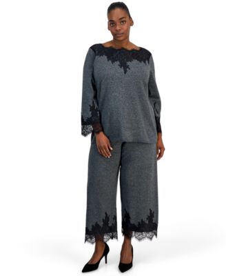 Plus Size Pull-On Wide Leg Lace-Trim Pants