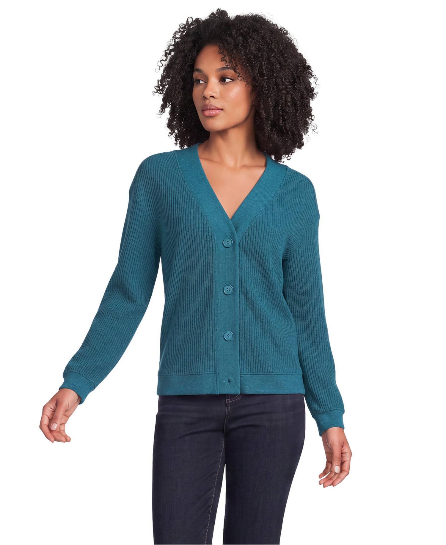 Women's Waffle-Knit V-Neck Cotton-Blend Cardigan