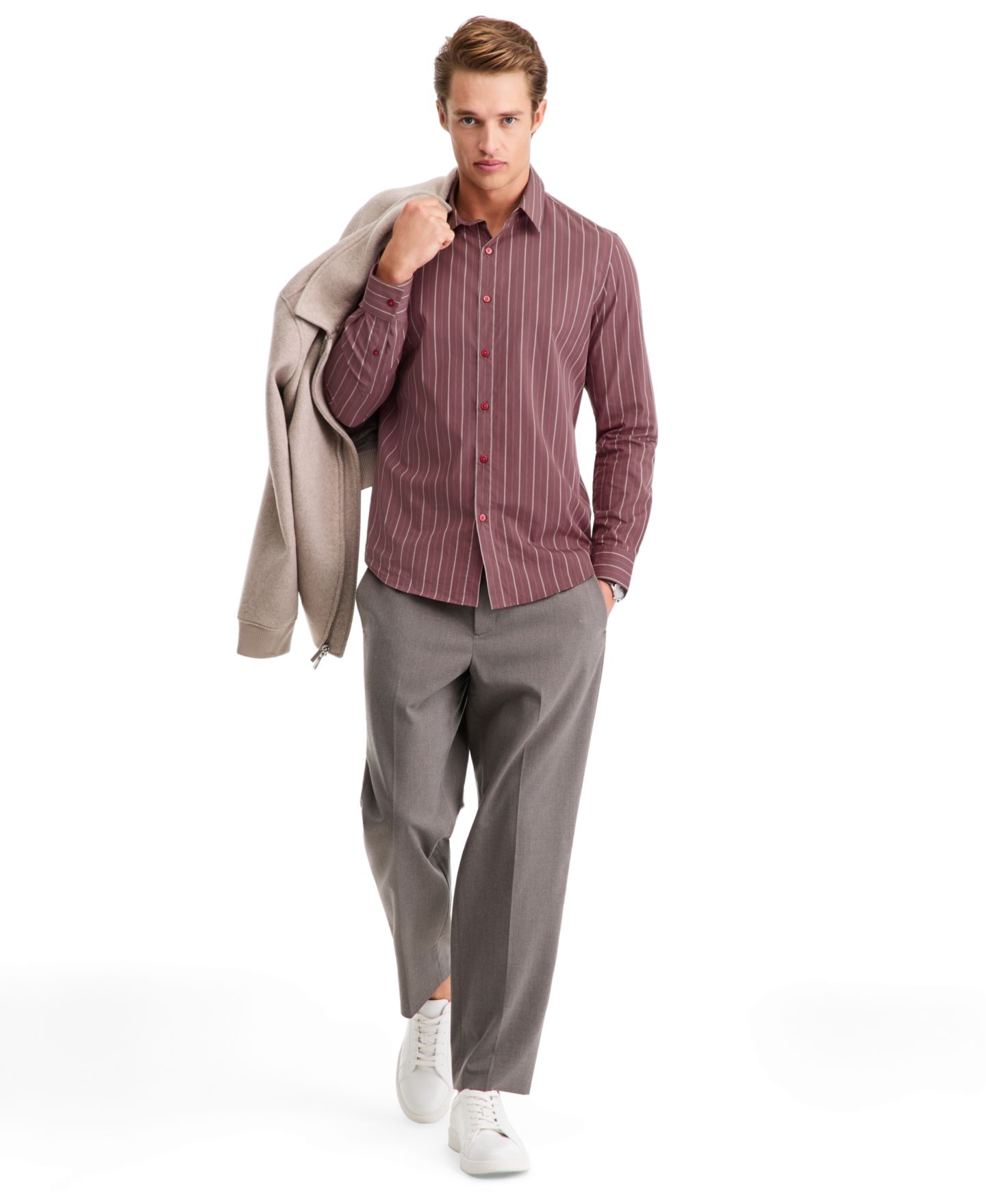 Мужская рубашка Alfani Long-Sleeve Stripe Regular-Fit Button-Down, цвет: Розовый коричневый — фото 2