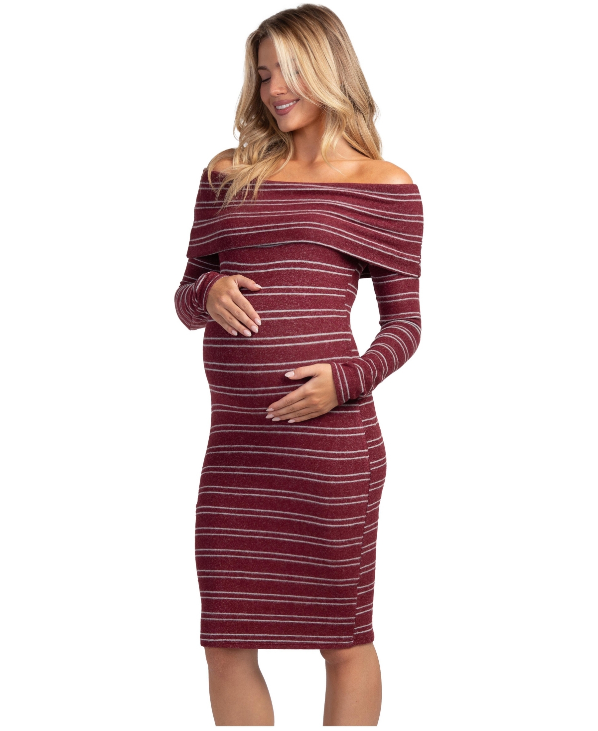 Hello Miz Maternity Off-the-Shoulder Bodycon Striped Sweater Dress
