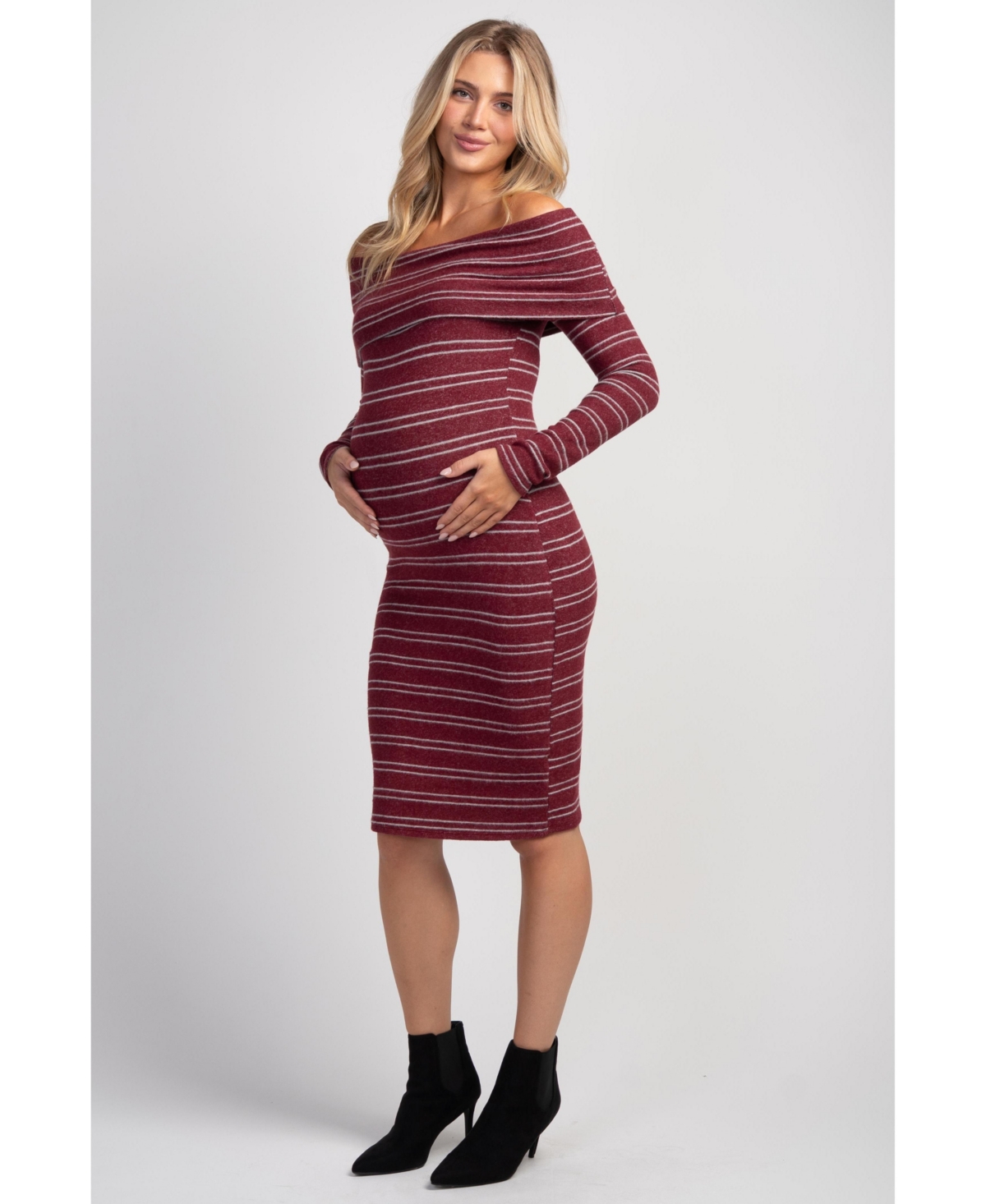 Hello Miz Maternity Off-the-Shoulder Bodycon Striped Sweater Dress