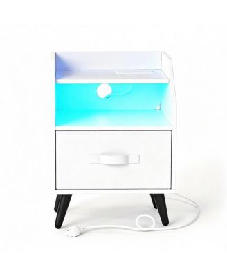 Nightstand with RGB LED Lights, Charging Station and Foldable Drawer