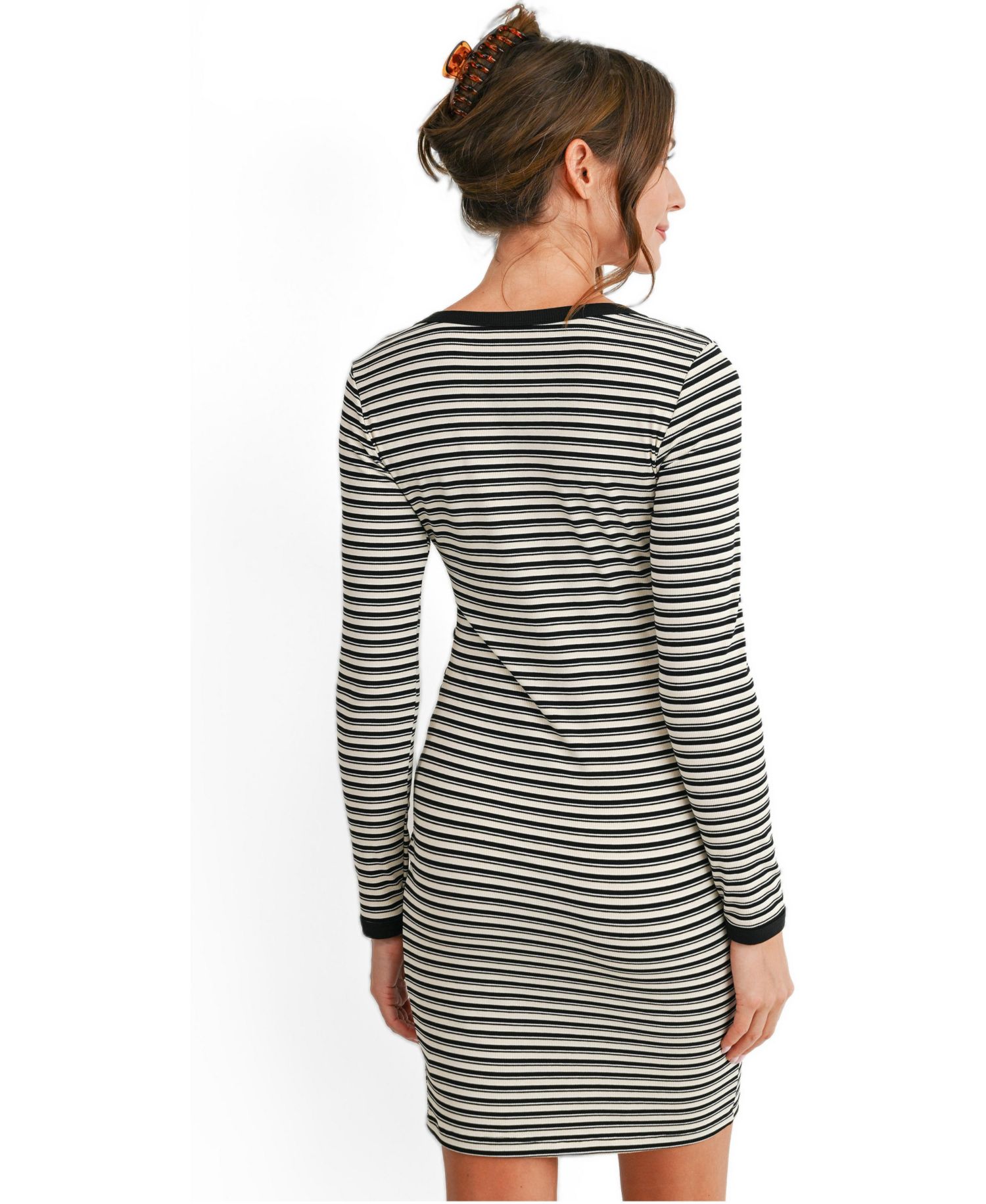 Maternity Long-Sleeve Ribbed Striped Midi Dress