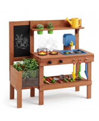 Kids Mud Kitchen with Planter Box and Chalkboard 13-Piece Play Set, Ages 3+