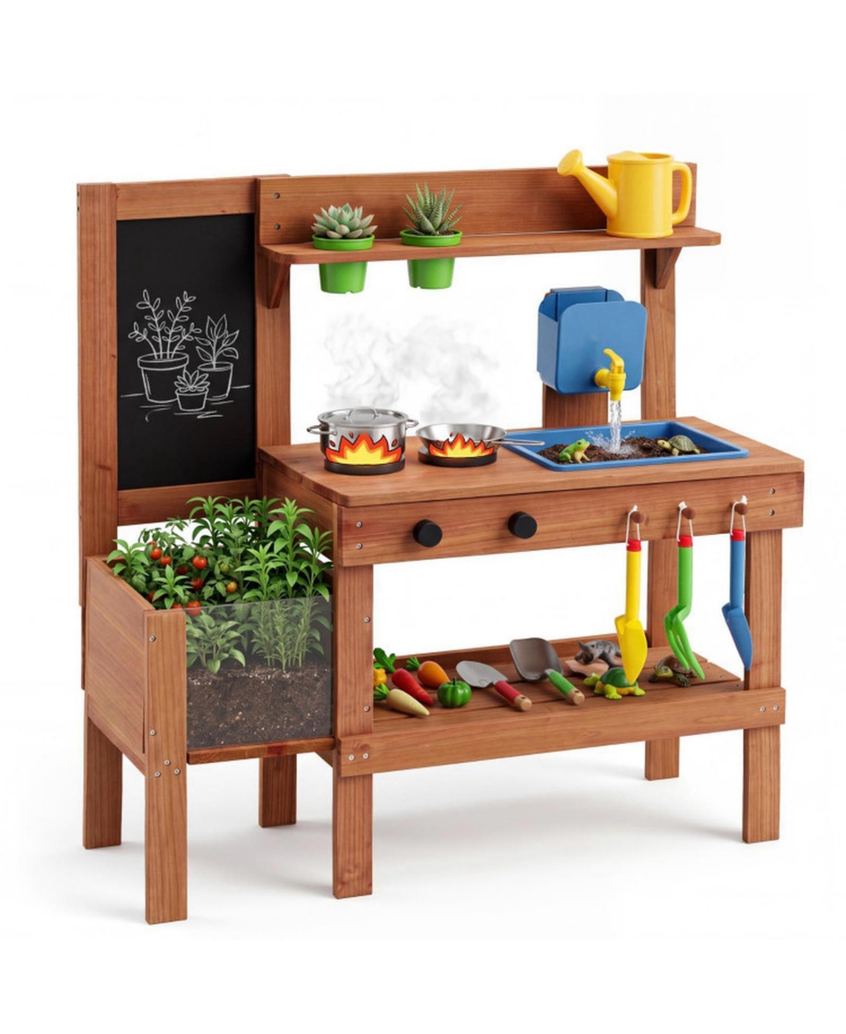 Sugift Kids Mud Kitchen with Planter Box and Chalkboard 13-Piece Play Set, Ages 3+