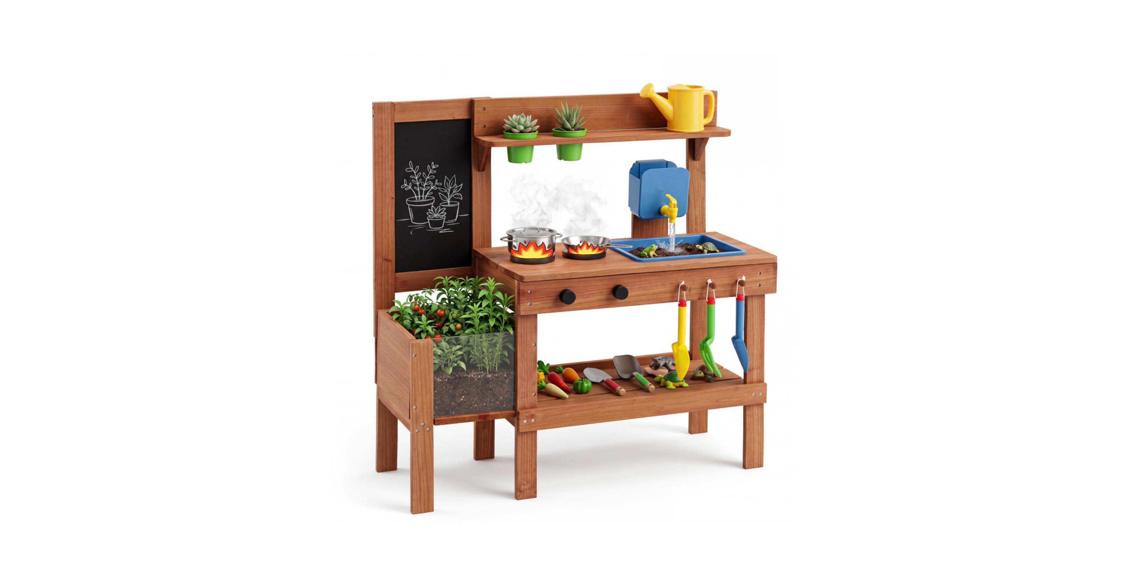 Sugift Kids Mud Kitchen with Planter Box and Chalkboard 13-Piece Play Set, Ages 3+