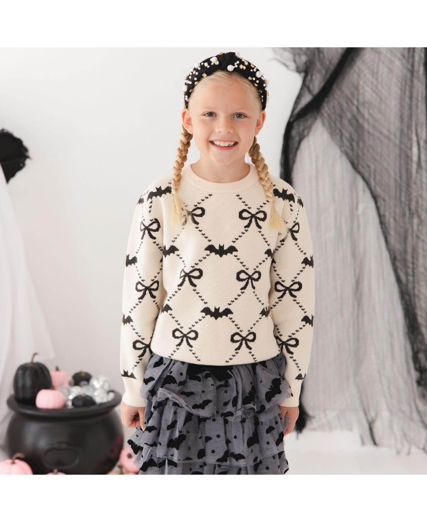 Girls' 4-16 Bat Trellis Halloween Long-Sleeve Crewneck Sweater