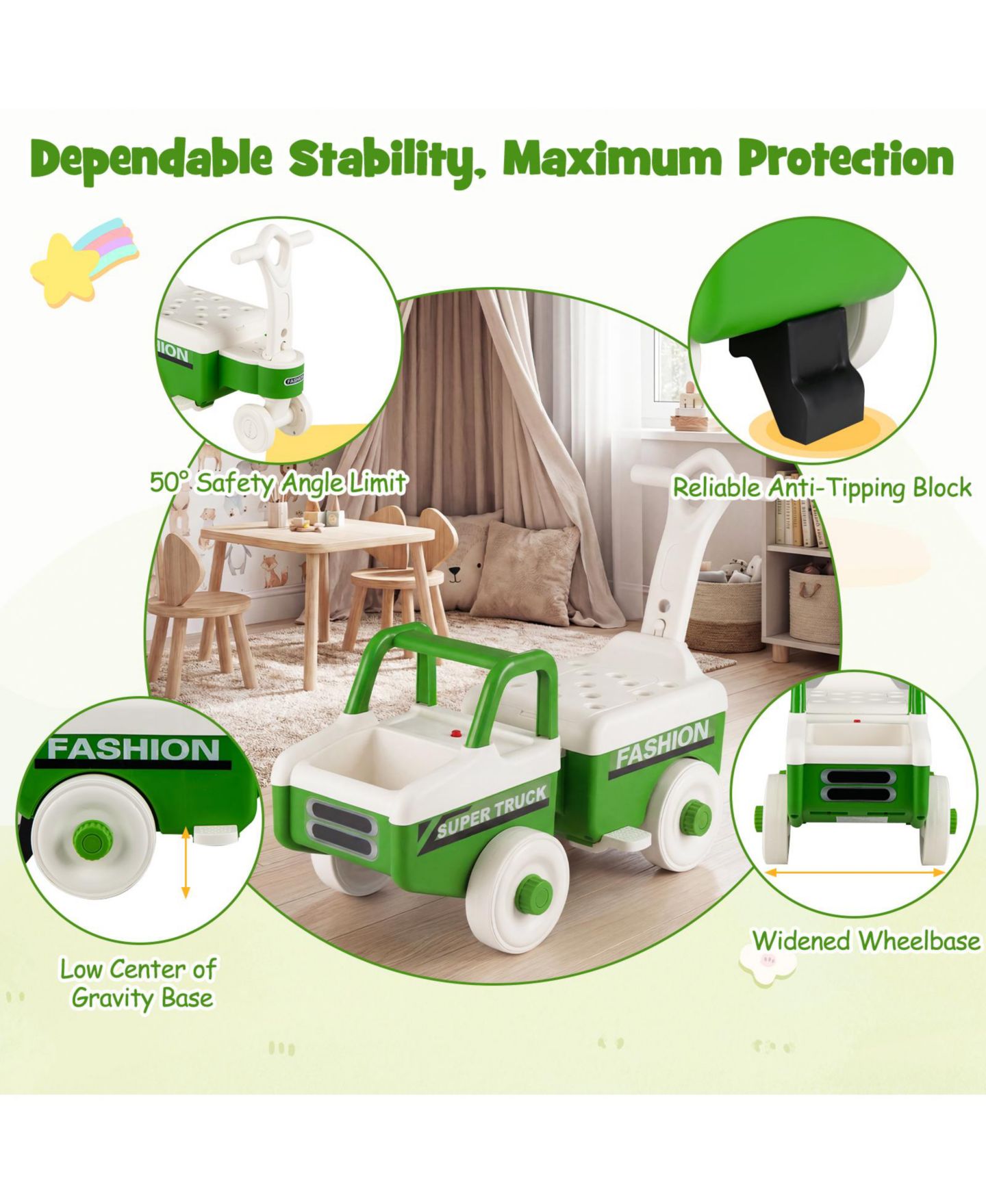 Детская игрушка Costway 4-in-1 Ride-On Push Car with Music and Under-Seat Storage, 45 lbs, Ages 18 Months-5 Years, цвет: Зелёный — фото 7