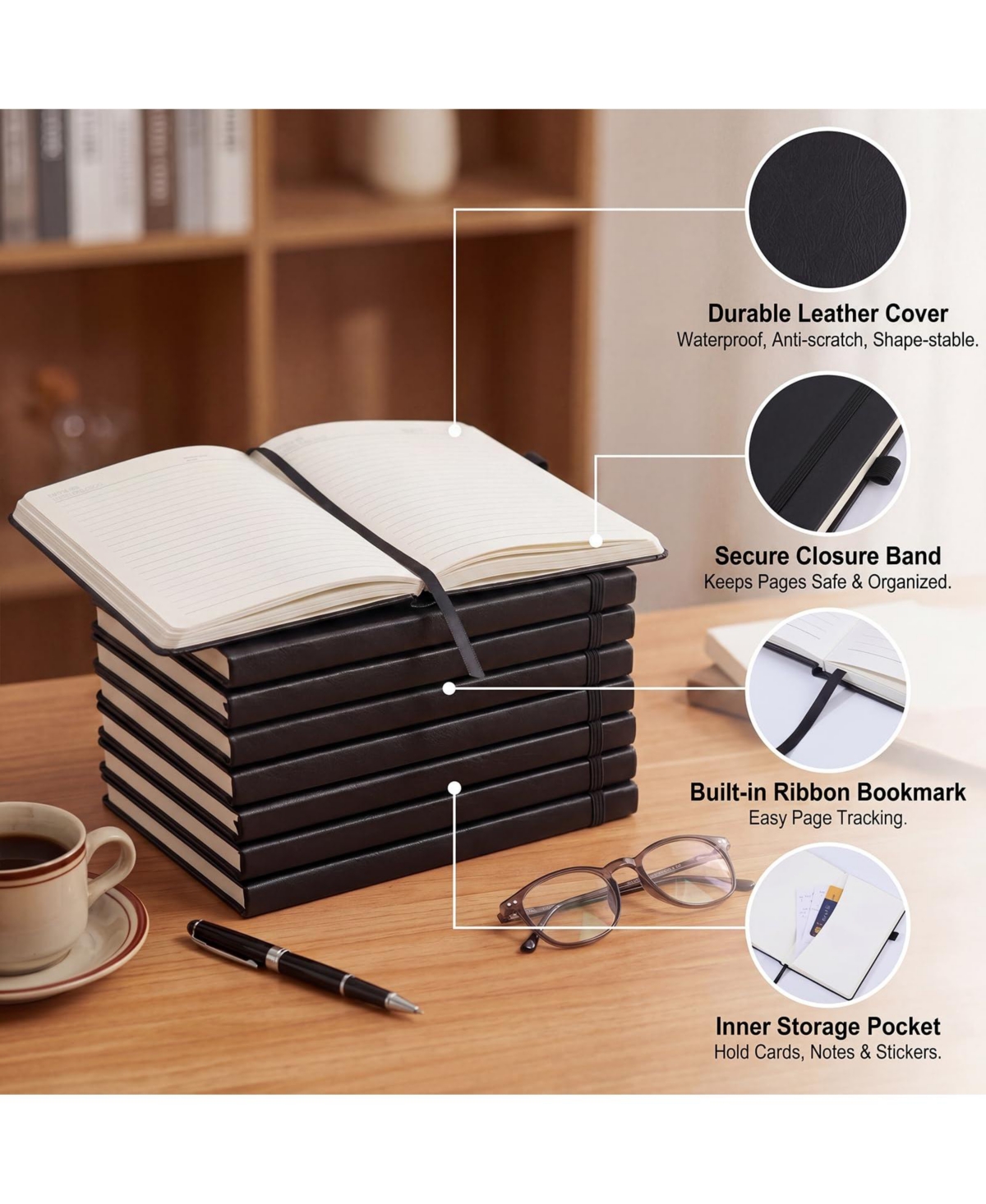 Danrong 4 Pack A5 Leather Journals With Pen Loop Bookmark Inner Pocket Ruled Blank Pages